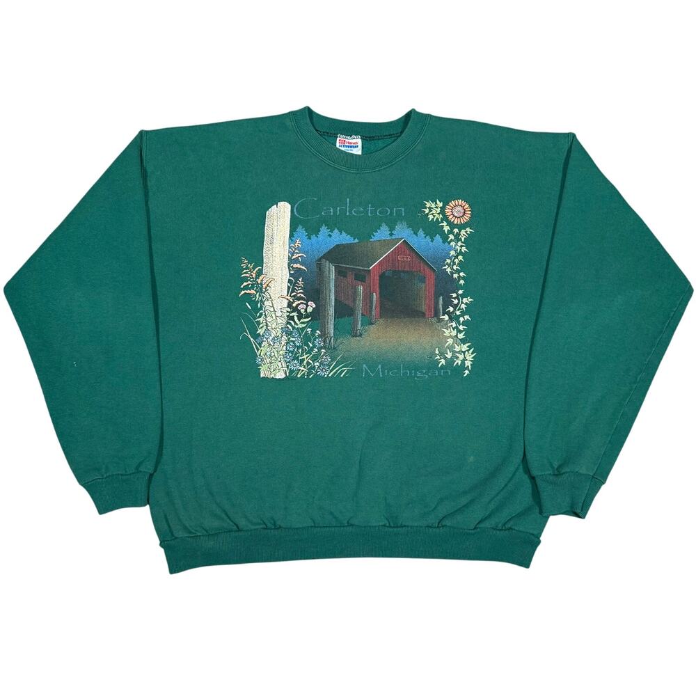 Vintage 90s Hanes Carleton Michigan Covered Bridge Graphic Sweatshirt Green XXL